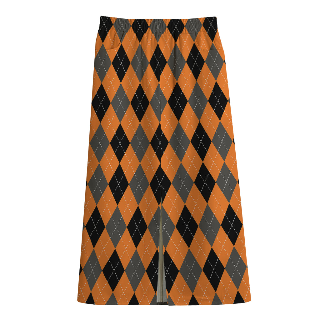 Orange Black And Grey Argyle Print Cotton Front Slit Maxi Skirt