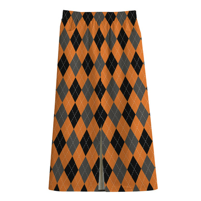 Orange Black And Grey Argyle Print Cotton Front Slit Maxi Skirt