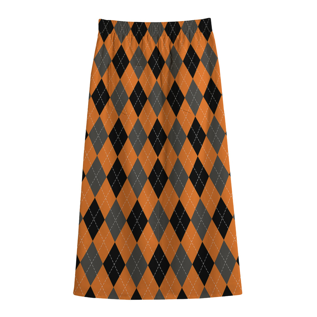 Orange Black And Grey Argyle Print Cotton Front Slit Maxi Skirt