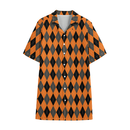 Orange Black And Grey Argyle Print Cotton Hawaiian Shirt