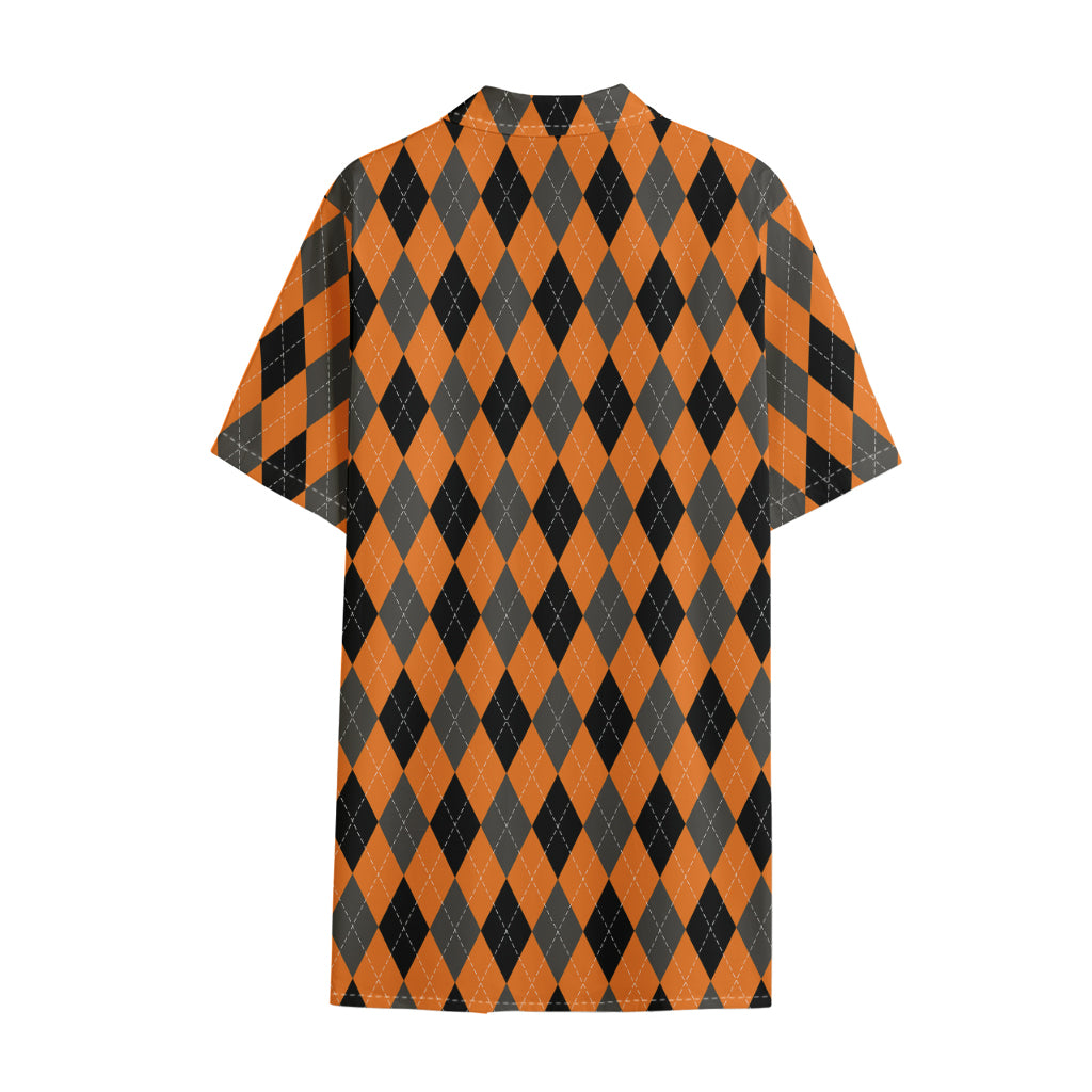 Orange Black And Grey Argyle Print Cotton Hawaiian Shirt
