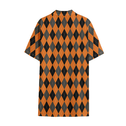 Orange Black And Grey Argyle Print Cotton Hawaiian Shirt