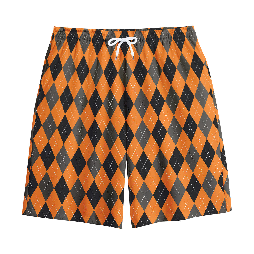 Orange Black And Grey Argyle Print Cotton Shorts