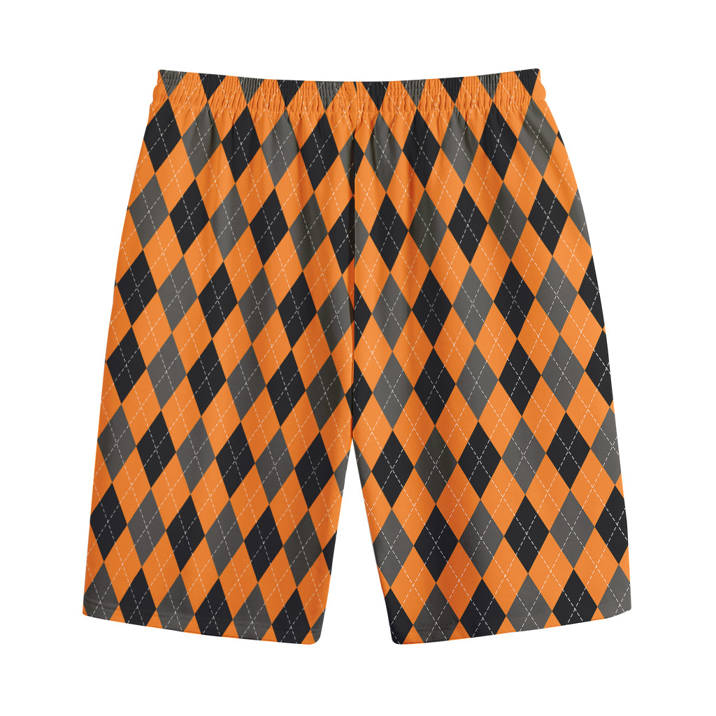 Orange Black And Grey Argyle Print Cotton Shorts