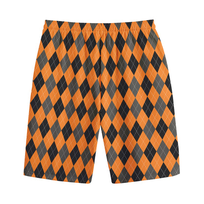 Orange Black And Grey Argyle Print Cotton Shorts
