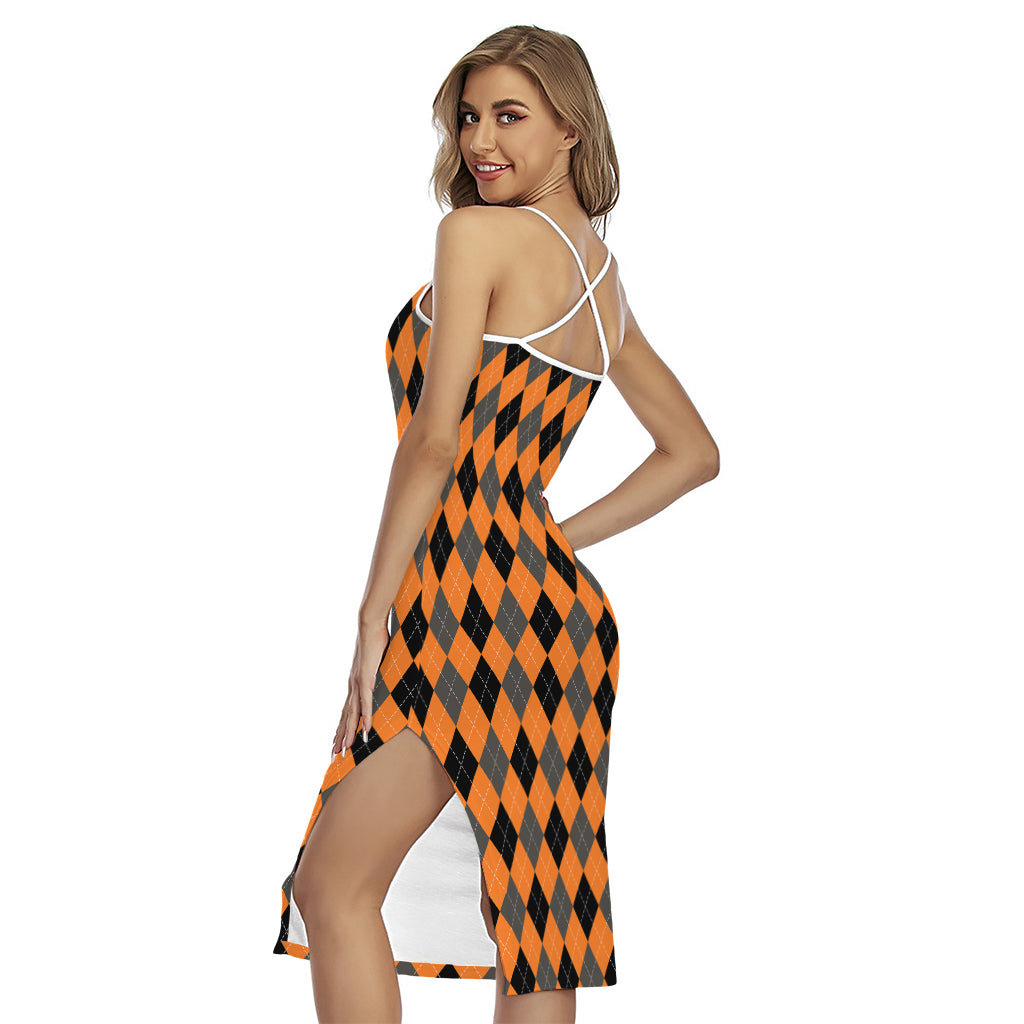 Orange Black And Grey Argyle Print Cross Back Cami Dress