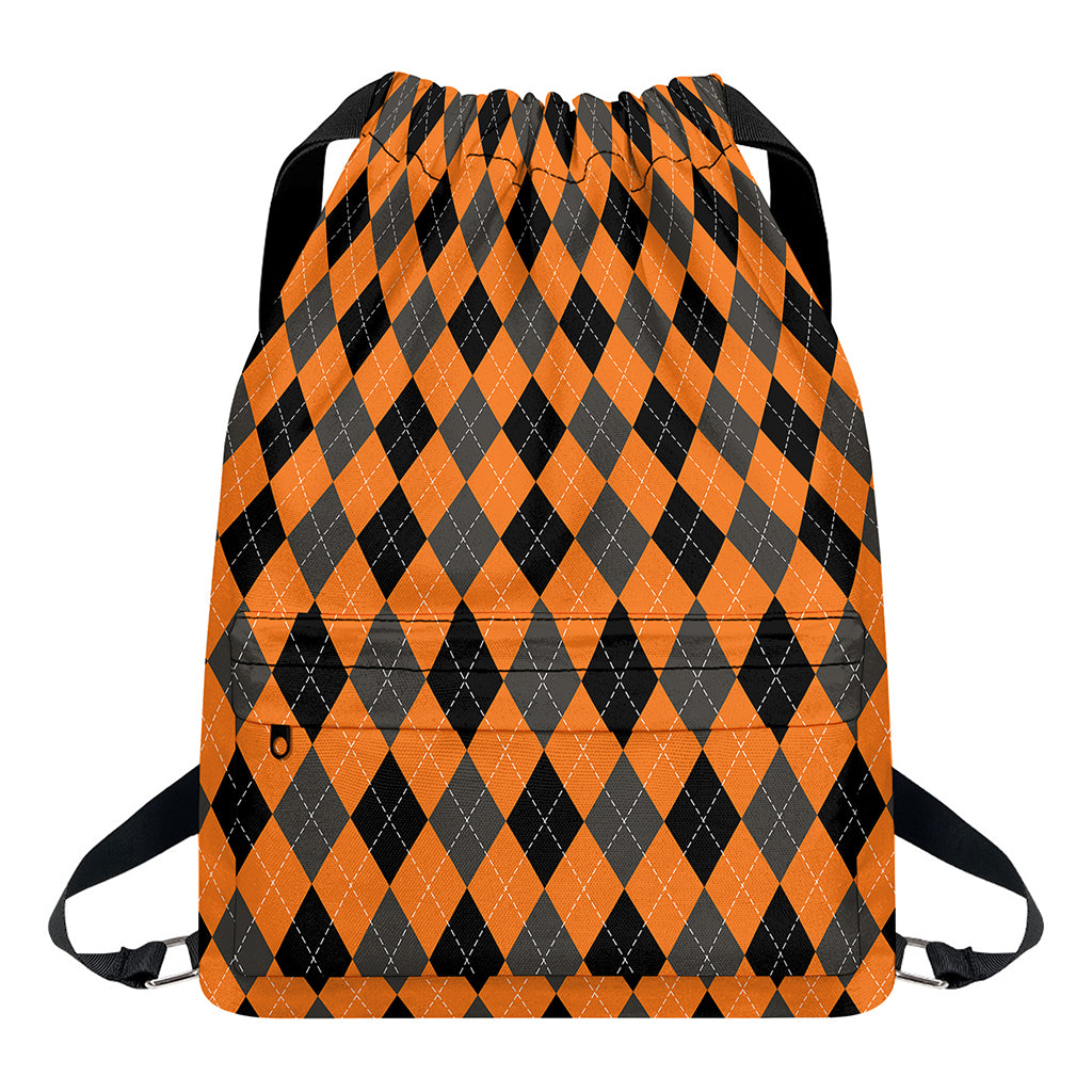 Orange Black And Grey Argyle Print Drawstring Backpack