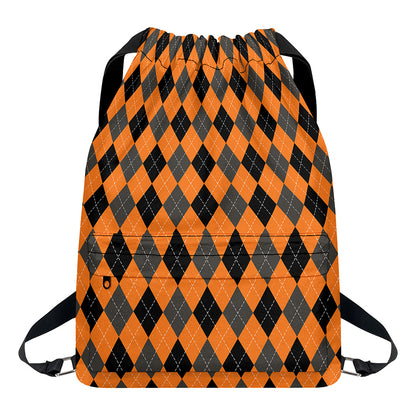 Orange Black And Grey Argyle Print Drawstring Backpack