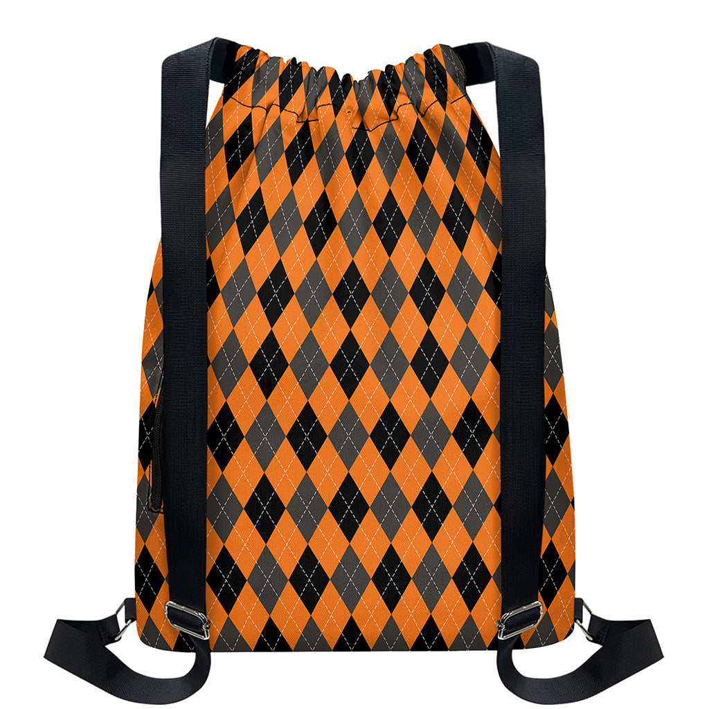 Orange Black And Grey Argyle Print Drawstring Backpack
