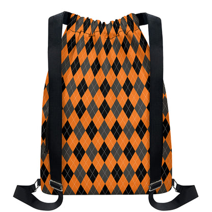 Orange Black And Grey Argyle Print Drawstring Backpack