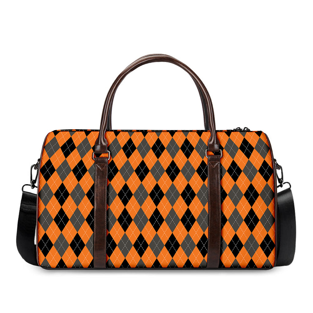 Orange Black And Grey Argyle Print Duffle Bag