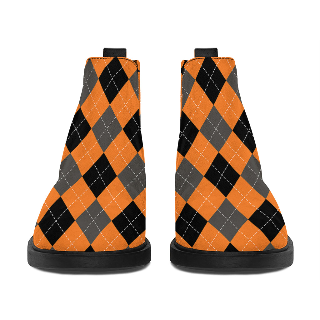 Orange Black And Grey Argyle Print Flat Ankle Boots