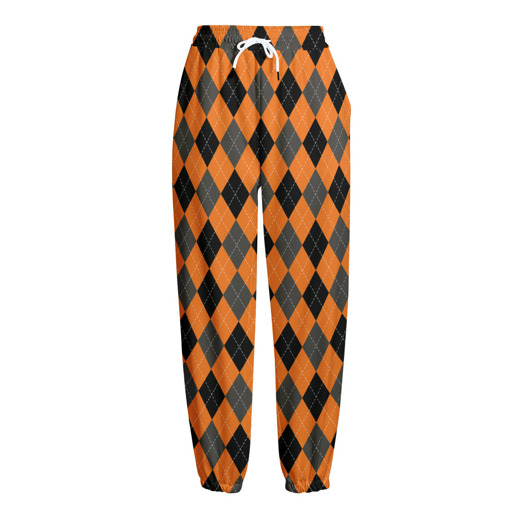 Orange Black And Grey Argyle Print Fleece Lined Knit Pants