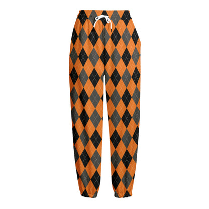 Orange Black And Grey Argyle Print Fleece Lined Knit Pants