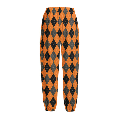 Orange Black And Grey Argyle Print Fleece Lined Knit Pants