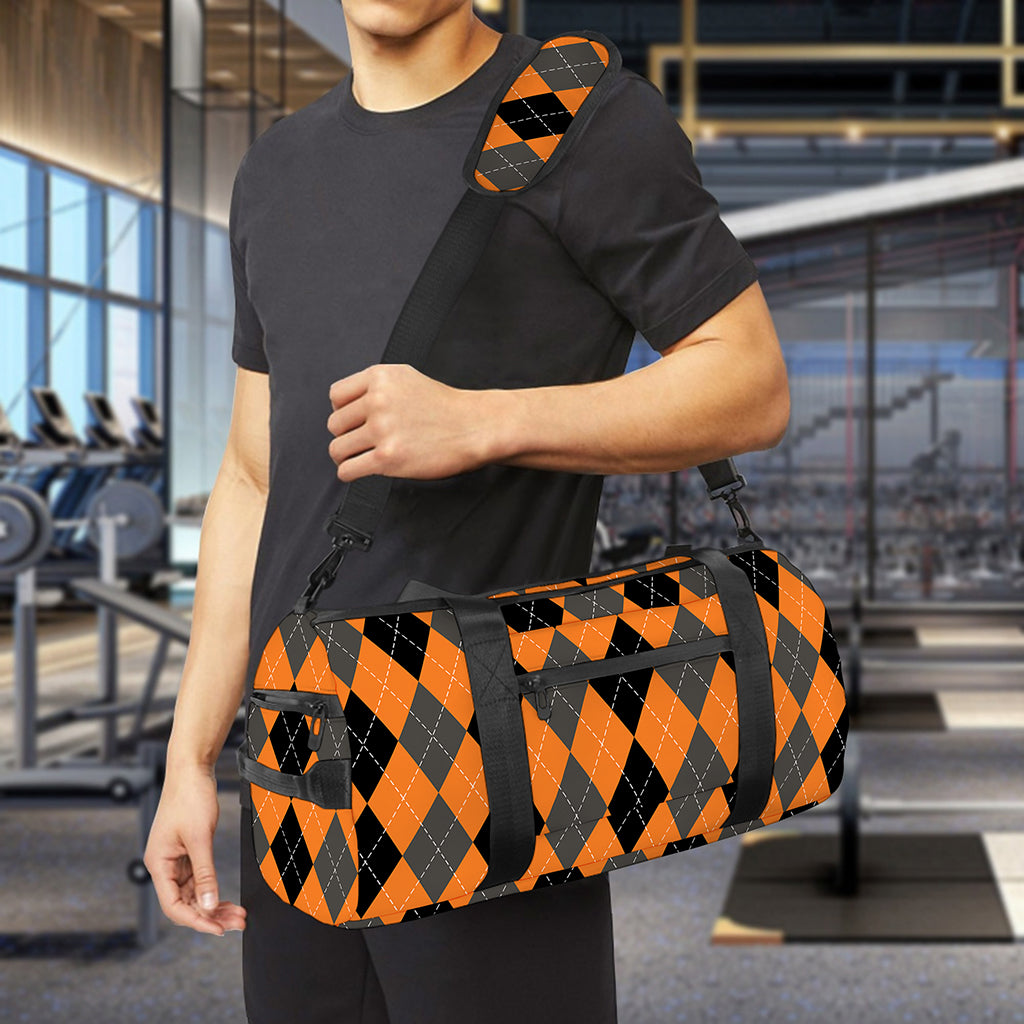 Orange Black And Grey Argyle Print Gym Bag
