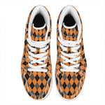 Orange Black And Grey Argyle Print High Top Leather Sneakers