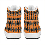 Orange Black And Grey Argyle Print High Top Leather Sneakers