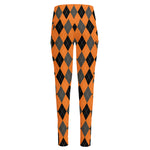 Orange Black And Grey Argyle Print High-Waisted Pocket Leggings