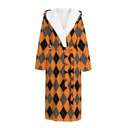 Orange Black And Grey Argyle Print Hooded Bathrobe