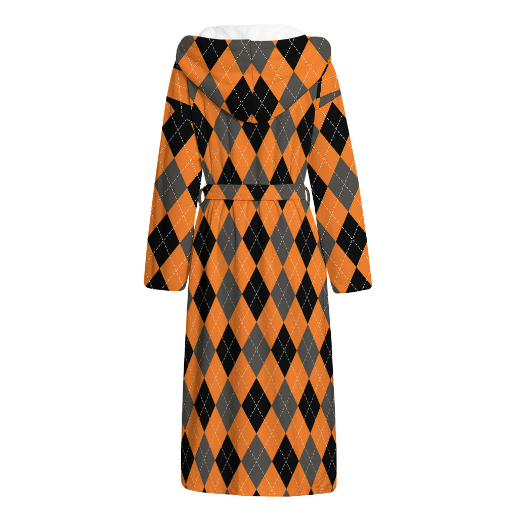 Orange Black And Grey Argyle Print Hooded Bathrobe