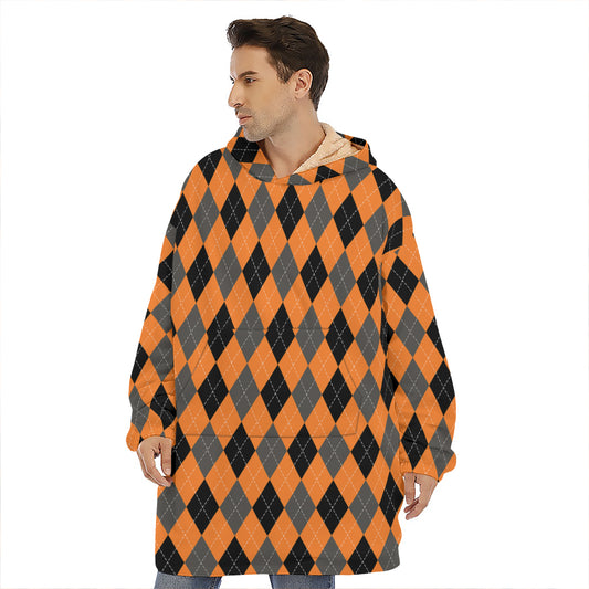 Orange Black And Grey Argyle Print Hoodie Blanket