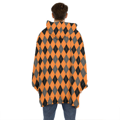 Orange Black And Grey Argyle Print Hoodie Blanket