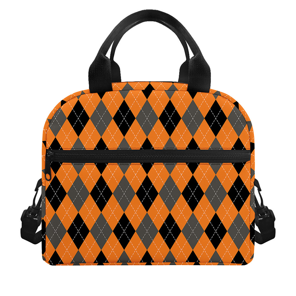 Orange Black And Grey Argyle Print Insulated Lunch Bag