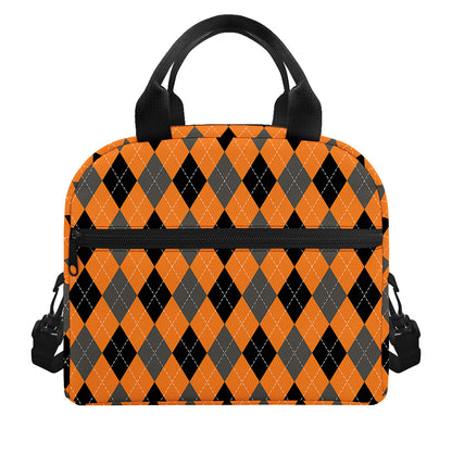 Orange Black And Grey Argyle Print Insulated Lunch Bag