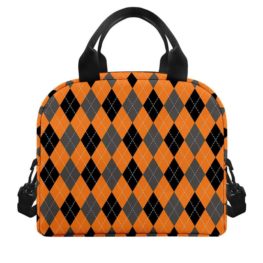 Orange Black And Grey Argyle Print Insulated Lunch Bag