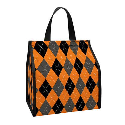 Orange Black And Grey Argyle Print Insulated Lunch Tote