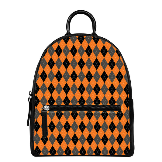 Orange Black And Grey Argyle Print Leather Backpack