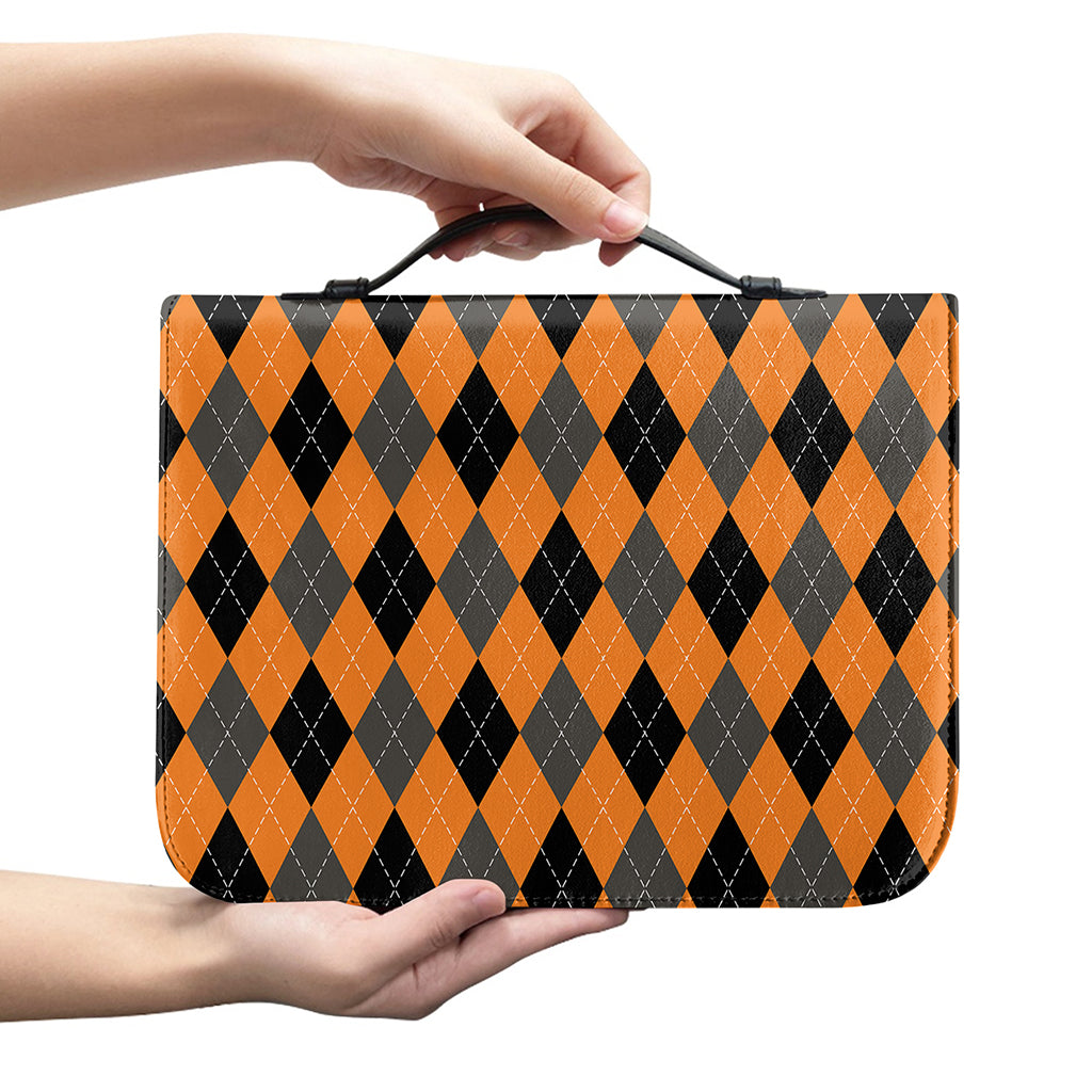 Orange Black And Grey Argyle Print Leather Bible Cover