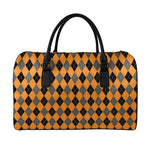 Orange Black And Grey Argyle Print Leather Duffle Bag