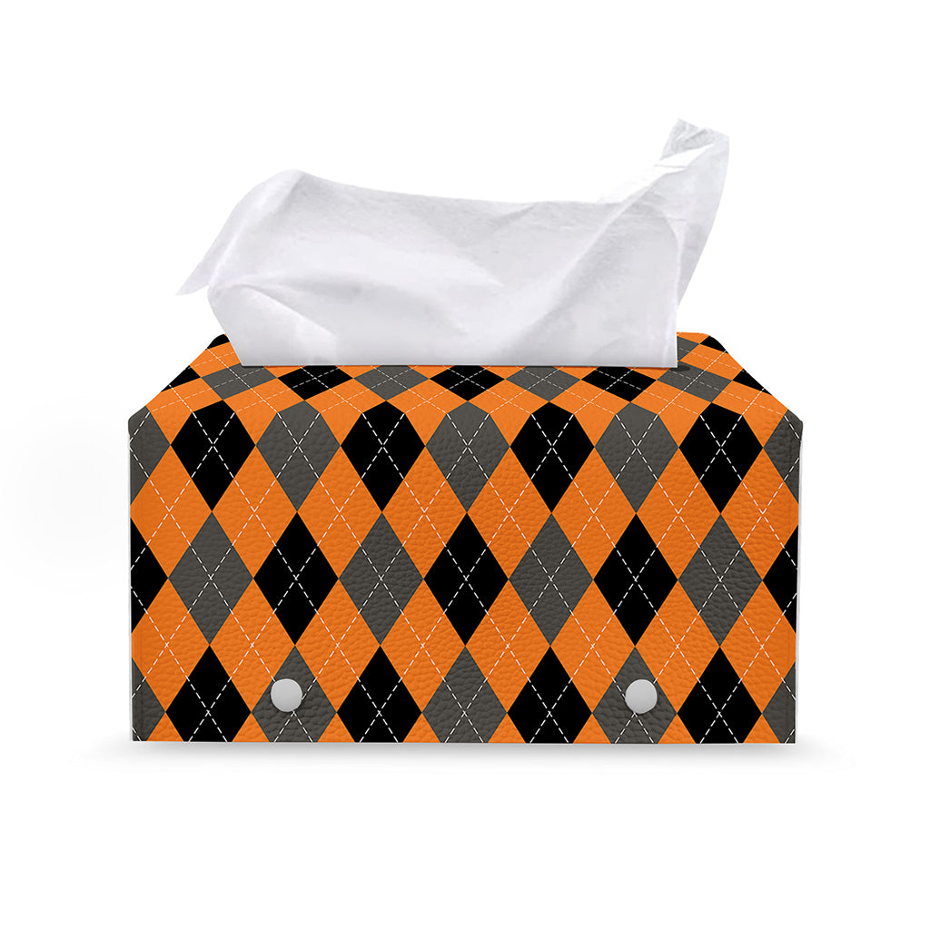 Orange Black And Grey Argyle Print Leather Tissue Box Cover