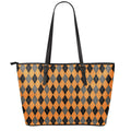 Orange Black And Grey Argyle Print Leather Tote Bag With Zipper