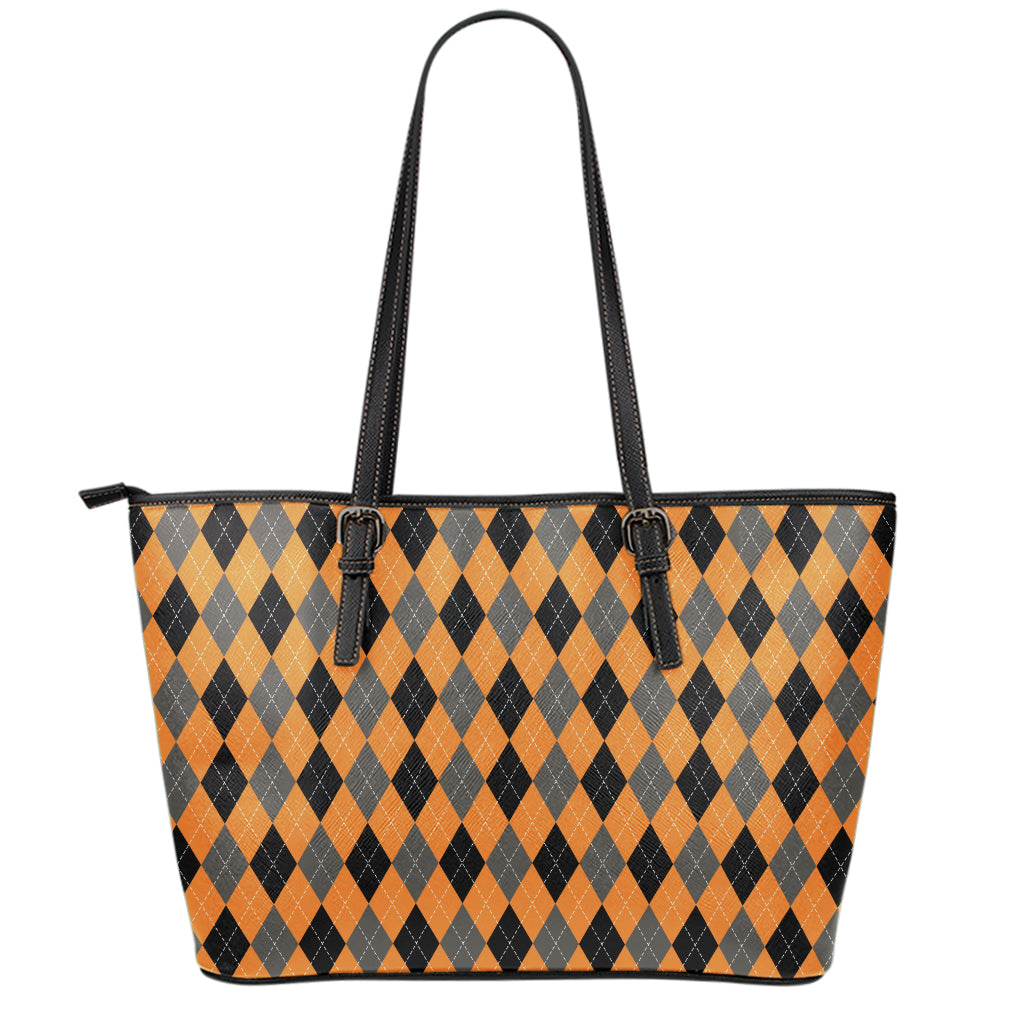 Orange Black And Grey Argyle Print Leather Tote Bag