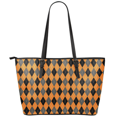 Orange Black And Grey Argyle Print Leather Tote Bag