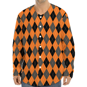 Orange Black And Grey Argyle Print Long Sleeve Baseball Jersey