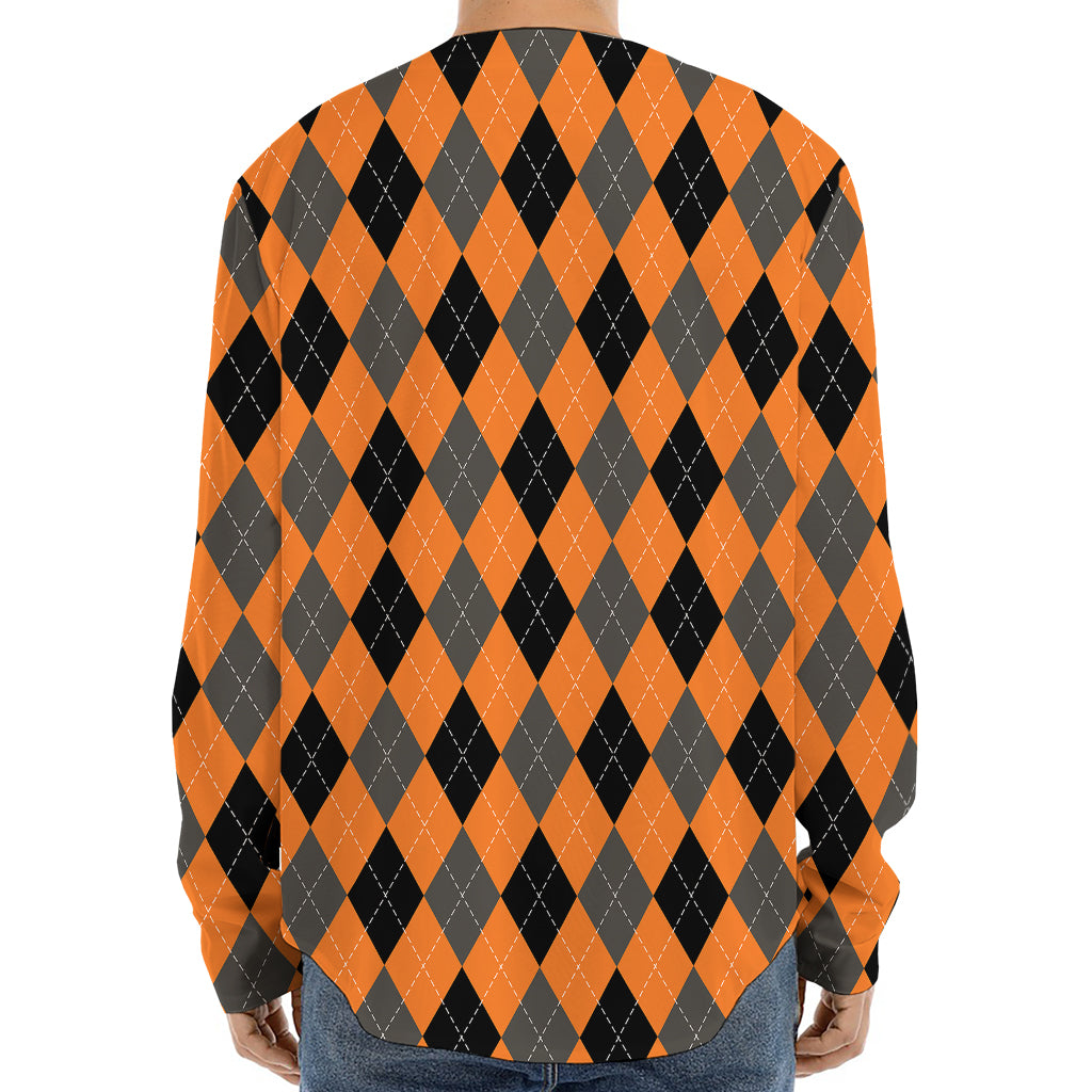 Orange Black And Grey Argyle Print Long Sleeve Baseball Jersey