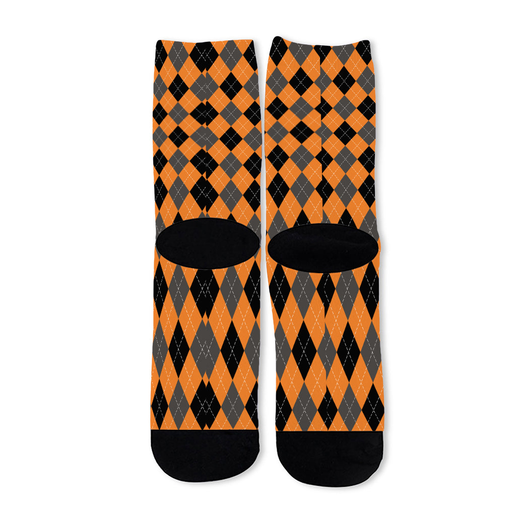 Orange Black And Grey Argyle Print Long Socks