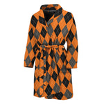Orange Black And Grey Argyle Print Men's Bathrobe