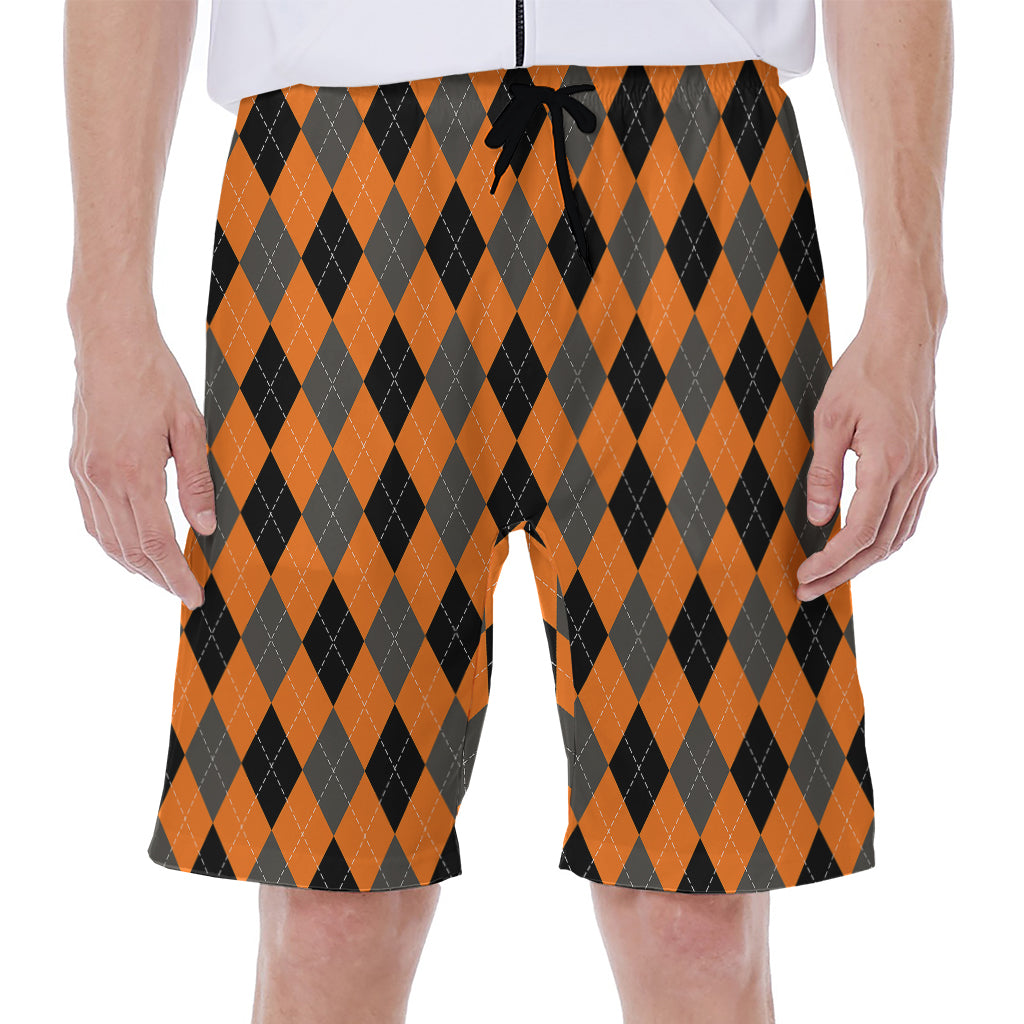 Orange Black And Grey Argyle Print Men's Beach Shorts