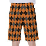 Orange Black And Grey Argyle Print Men's Beach Shorts
