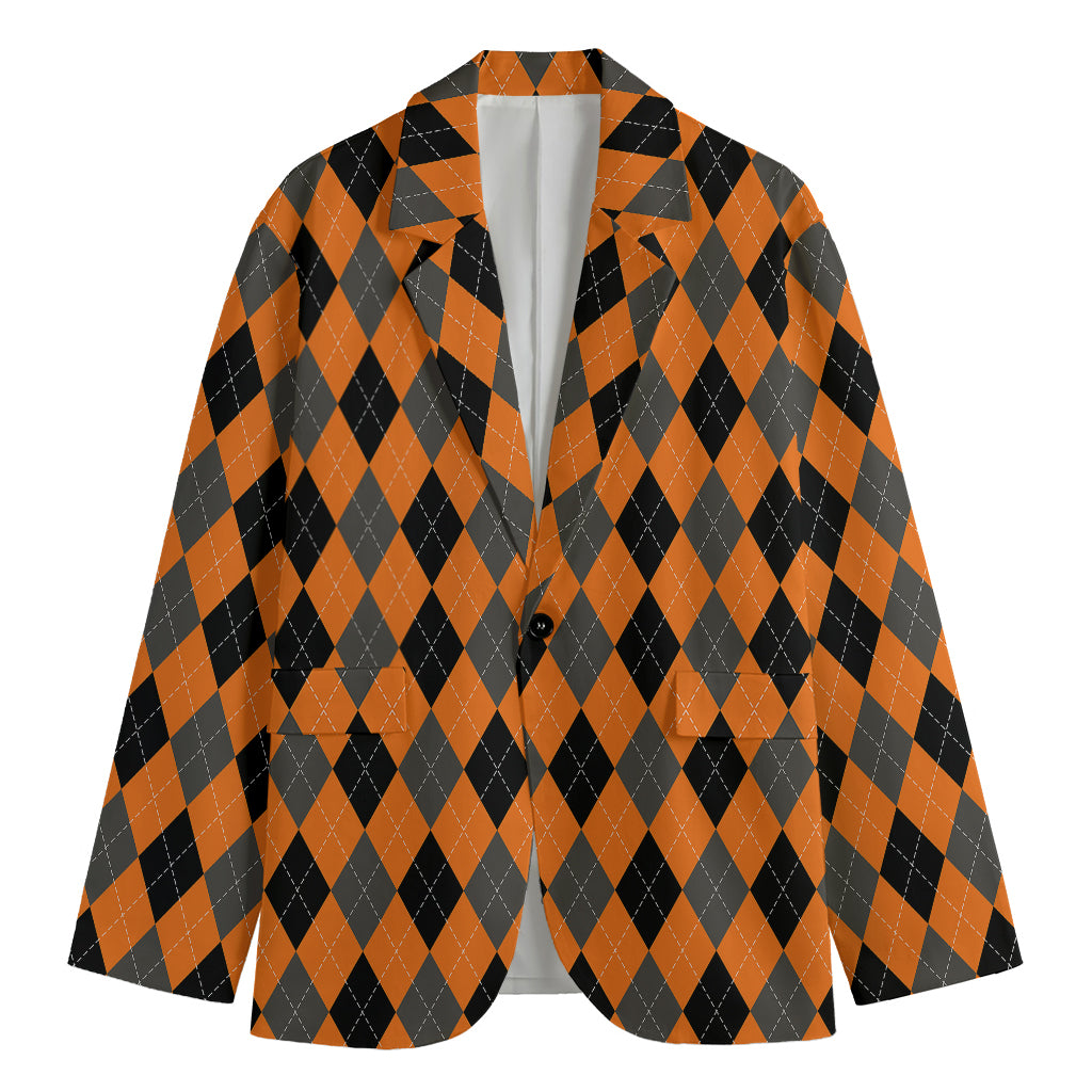 Orange Black And Grey Argyle Print Men's Blazer