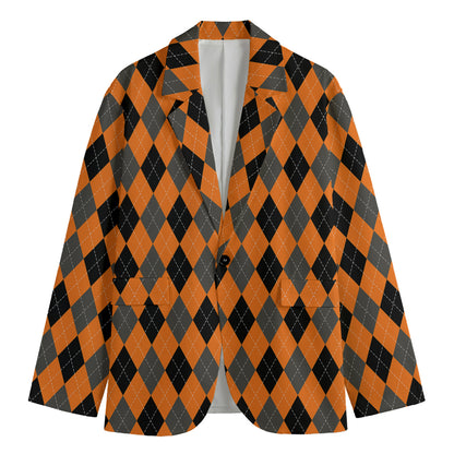 Orange Black And Grey Argyle Print Men's Blazer