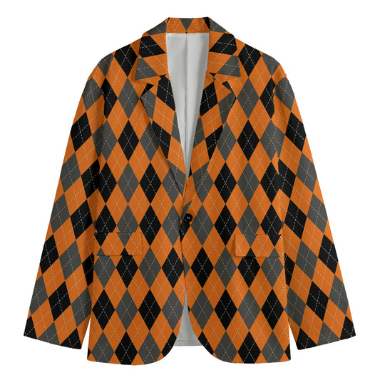 Orange Black And Grey Argyle Print Men's Blazer