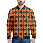 Orange Black And Grey Argyle Print Men's Bomber Jacket