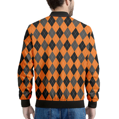 Orange Black And Grey Argyle Print Men's Bomber Jacket