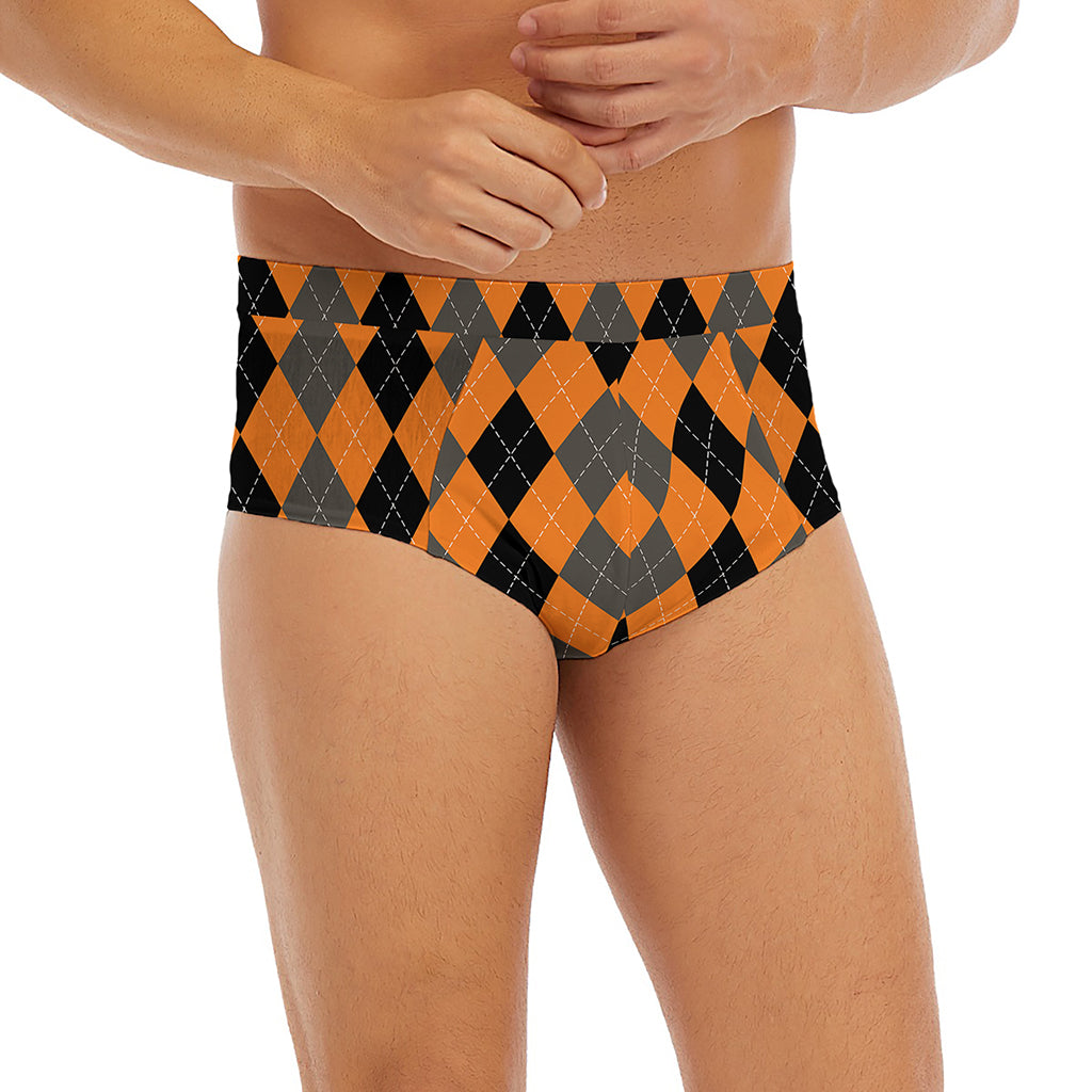 Orange Black And Grey Argyle Print Men's Briefs